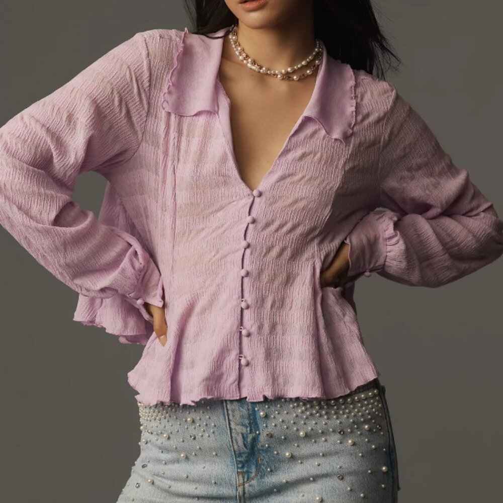 NWT By Anthropologie Long Sleeve Button-Front Textured Blouse, size XS, purple
